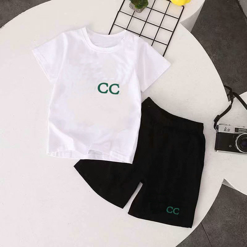 

HOT 2-9 Years Clothing Sets New Luxury Logo Designer Boy Short T-Shirt + Short Pants 2 Piece Cotton Fashion Apparel, Blue and black new