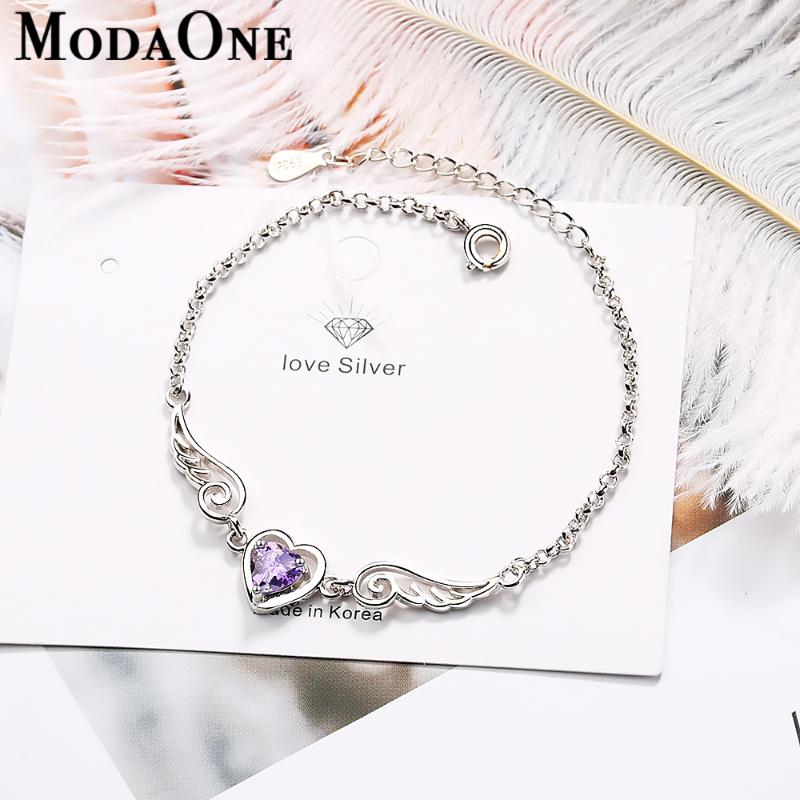

Link, Chain ModaOne Purple Lovely Heart Angel 925 Sterling Silver Bracelet For Women Girls Jewelry Pulseras Mujer Bileklik Bransoletki