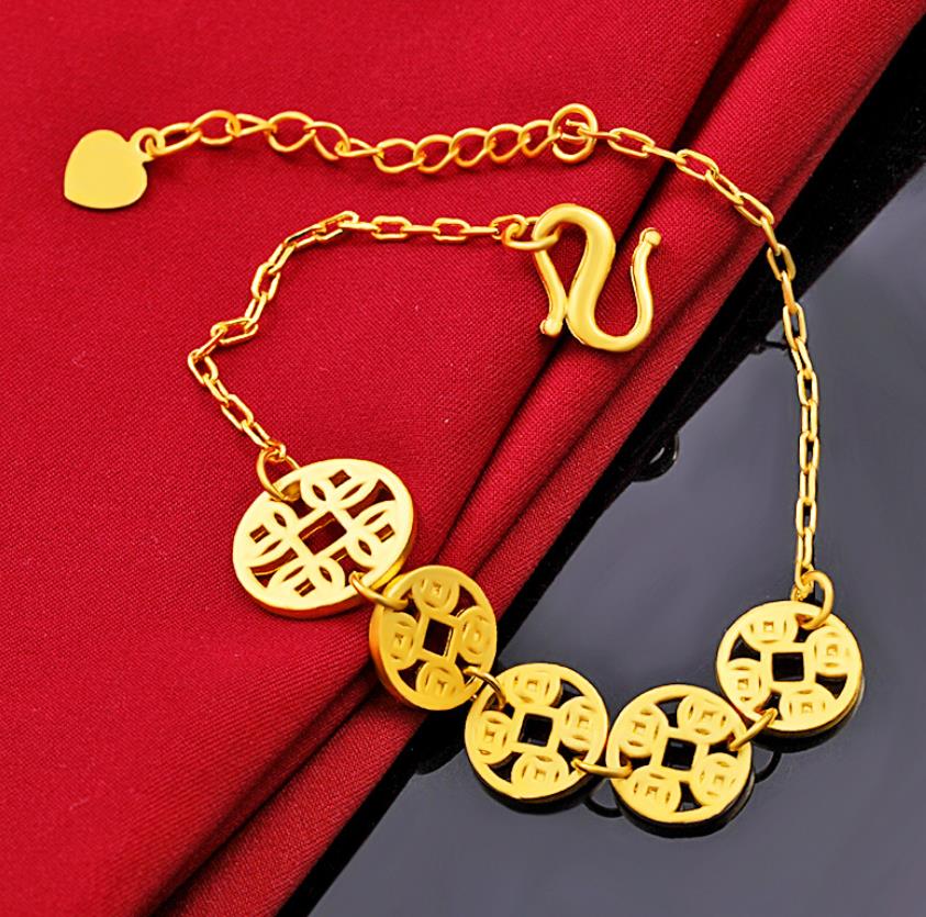 

copper cash girl 24k gold plated bracelet Hand chain wedding love heart bracelets for women link mother's gift friend