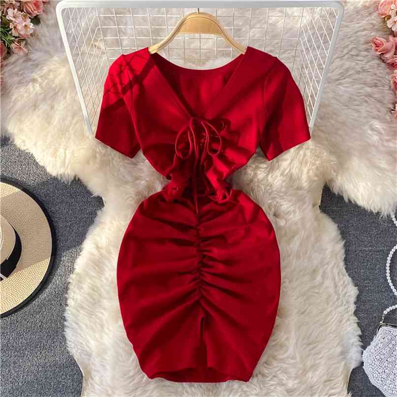 

Summer Dress Sexy Lace-up Ruched V-neck Short Sleeve Women's Chic Hollow Out Front Folds Mini Party Street 210603, Black