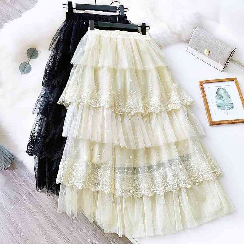 

Ball Gown Skirt Women Spring Summer Tulle s Embroidery Lace Long Mesh Slim Elastic High Waist Pleated s 210603, White
