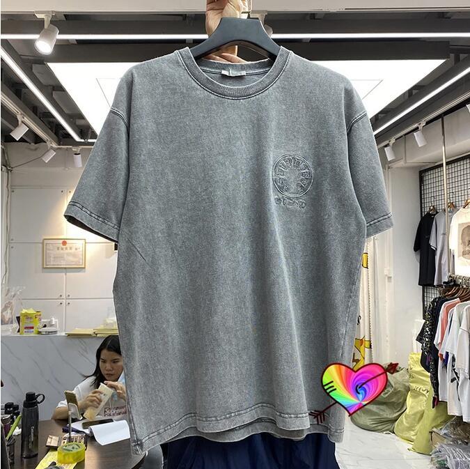 

Embroidery T-shirt Heavy Fabric Men Women High Quality Vintage Wash Make Old Tee Tops, White;black