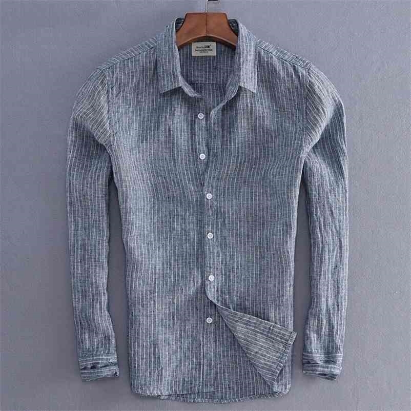 

Men Spring And Autumn Fashion Stripe Linen Shirt Male Casual Long-sleeve Top Quality Fluid Slim Fit Basic Shirt Import Clothing 210708, Picture 2