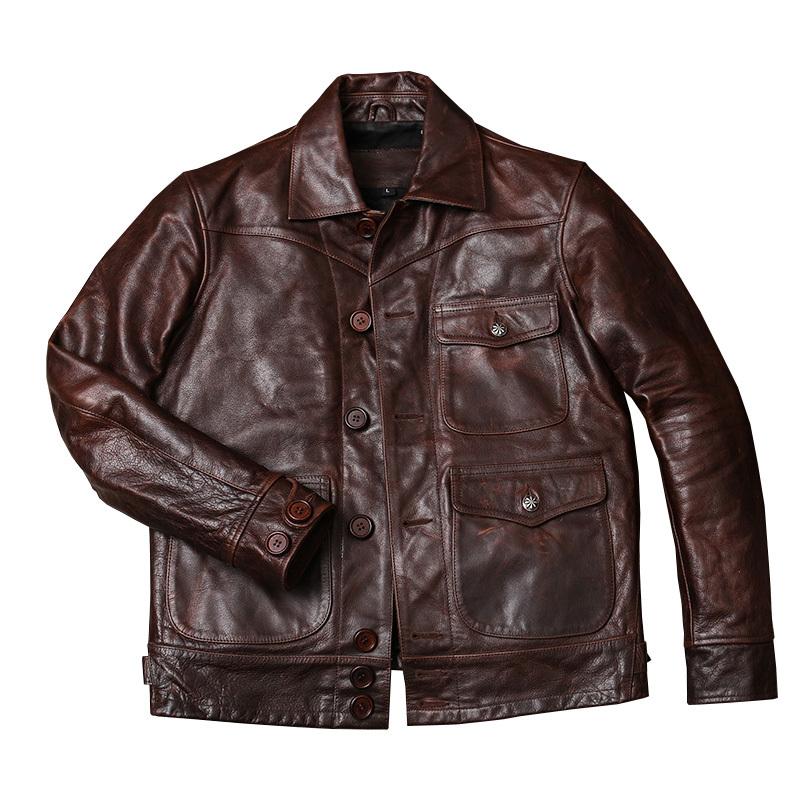 

Men' Leather & Faux 2021 Retro Dark Brown American Casual Style Jacket Single Breasted Large Size XXXL Genuine Cowhide Slim Fit Coat, Retro brown