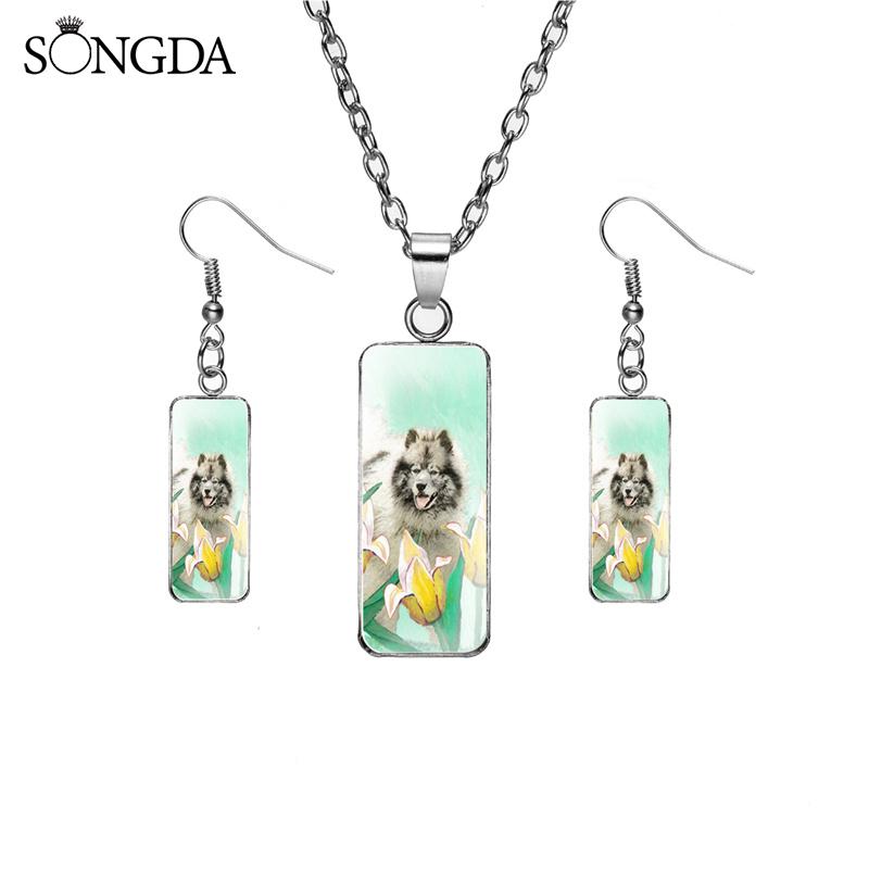 

earrings & necklace classic rectangular glass tulip of good wishes choker chain cabochon po pendant suit set for women, Silver