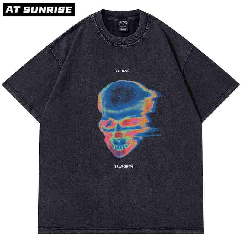 

Hip Hop Oversize Washed T-Shirt Streetwear Harajuku Vintage Retro Skeleton Graphic Printed T Shirt Men Summer Short Sleeve Tops 210721, Black