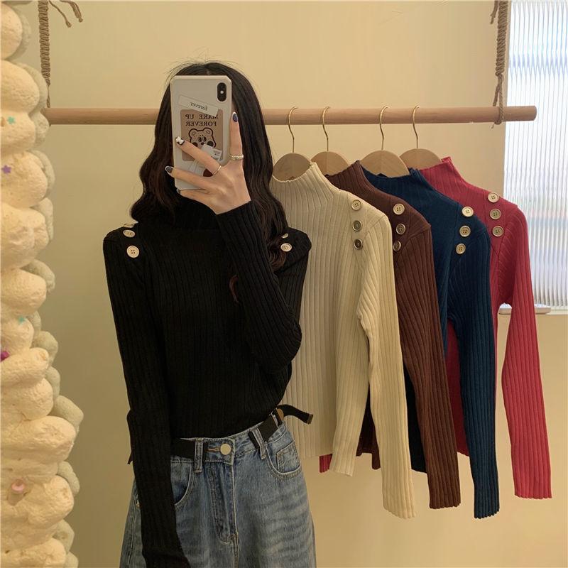 

Semi High Collar Slim Bottomed Top Spring And Autumn 2021 Korean Short Style Gently Wear With Long Sleeve Sweater Women's Sweaters, Purple