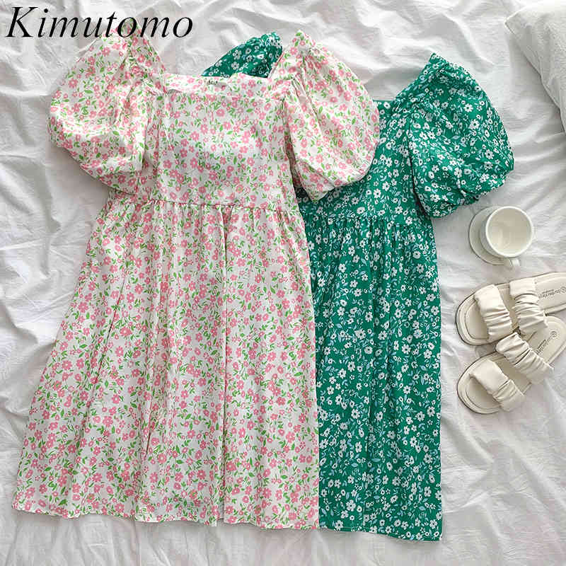 

Kimutomo Sweet Elegant Floral Dresses Girls Summer Square Collar Short Puff Sleeve Slim High Waist Mini Vestido Fashion 210521, Green