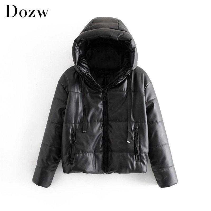 

Women's Leather & Faux Winter Fashion PU Black Coat Women Hooded Thicken Warm Jacket Long Sleeve Zipper Parkas Lady Outerwear Veste Femme