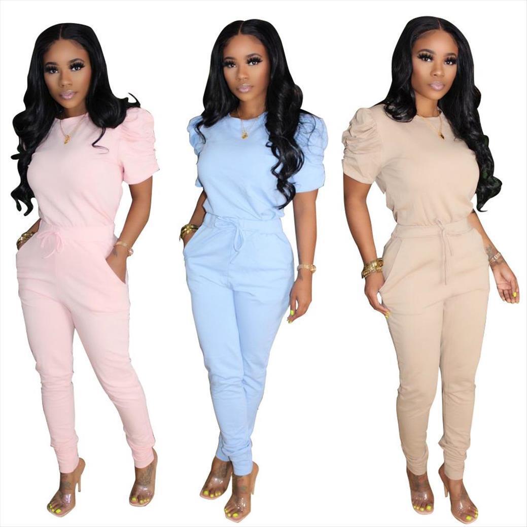 

casual streetwear set fashionable solid womenpant color round neck short sleeve t shirt slim pants 2 two piece, White