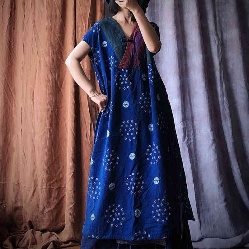 

Johnature Autumn Patchwork Loose Cotton Dress Vintage Women Retro Chinese Style Original Short Sleeve V-neck Dress 210521, Blue