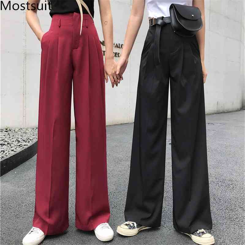 

Korean Casual High Waist Women Wide Leg Suit Pants Trousers Zipper Fly Solid Fashion Loose Female Straight Capris 210518, Black