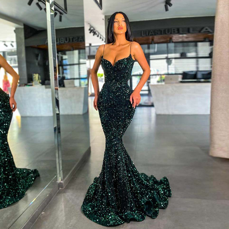 

Emerald Green Spaghetti Sequined Mermaid Evening Dresses Sweep Train Plus Size Formal Prom Party Gowns Vestidos De Noche, Dark navy