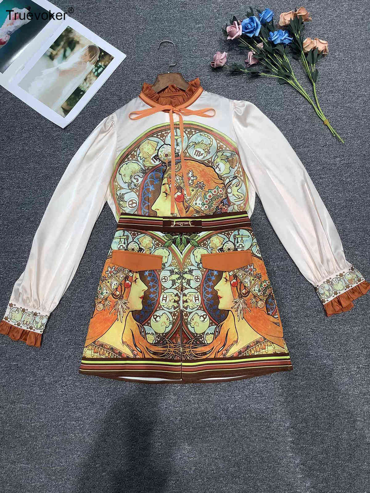 

Truevoker Lady Runway Fashion Party Sets Vintage Oil Painting Print Tops + Mini Skirt Women' Two Pieces Set 210602, Champagne