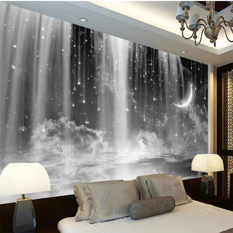 

Custom Any Size Murals 3D Black White Waterfall Starry Wall Living Room TV Home Decoration Wallpapers Waterproof, Grey