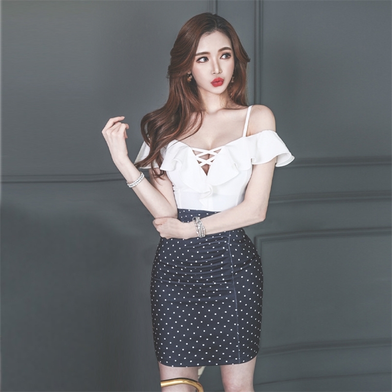 

Womens Dress Polka Dot Print Patchwork Mini Women Spaghetti Strap Cold Shoulder Ruffles Short Party Summer 210603, As picture