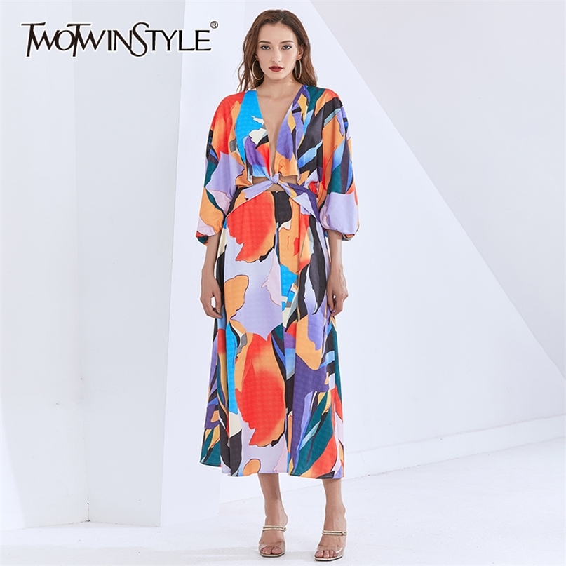 

Hit Color Print Loose Dress Female V Neck Lantern Long Sleeve Back Split High Waist Midi Women Dresses Clothes 210520, Aspicture