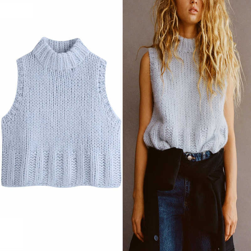 

Za Knit Sweater Vest Women O-neck Sleeveless Streetwear Knitted Top Female Fashion Casual Autumn Winter Sweaters 210602, Sky blue