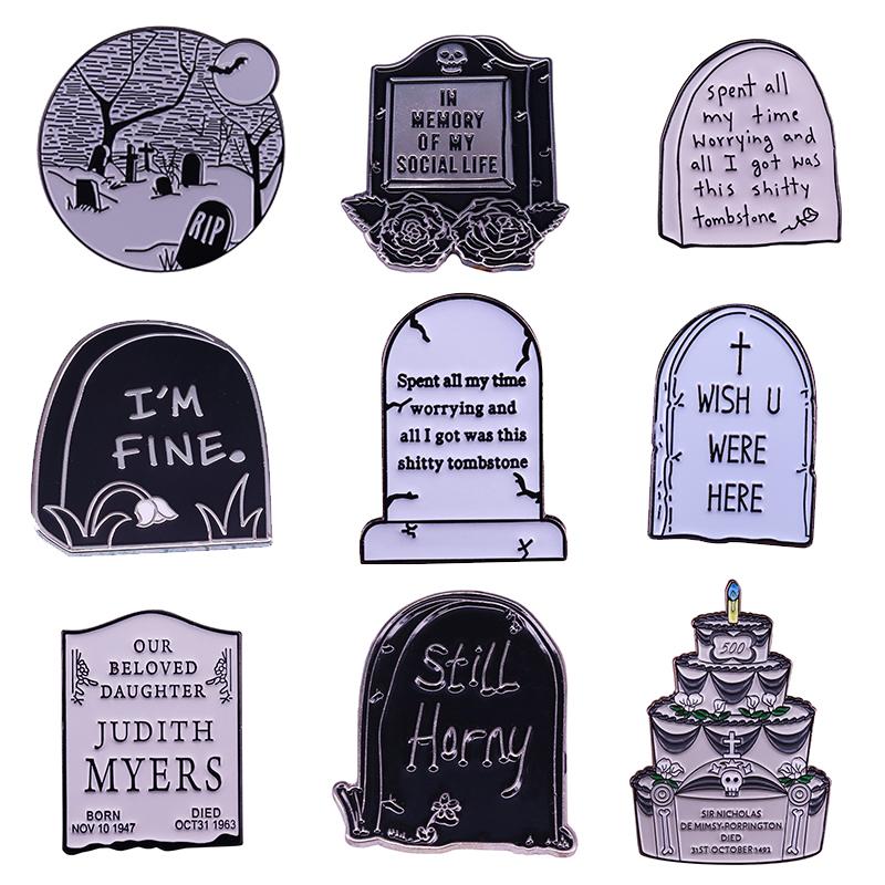

Pins, Brooches Cemetery Rest In Peace RIP Tombstone Headstone Enamel Pin Mass Grave Gothic Humor Brooch Horror Movie Halloween Accessories