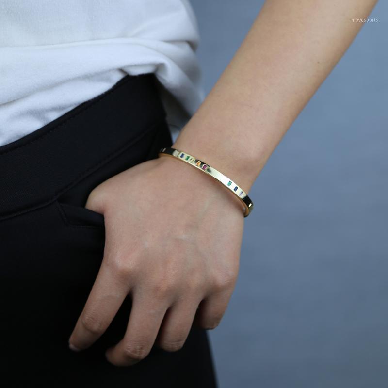 

Charm Bracelets Classic Gold Color Band Women Inset Square Baguette Red Green Blue White Cubic Zirconia Inner Diameter 60mm Jewelry1