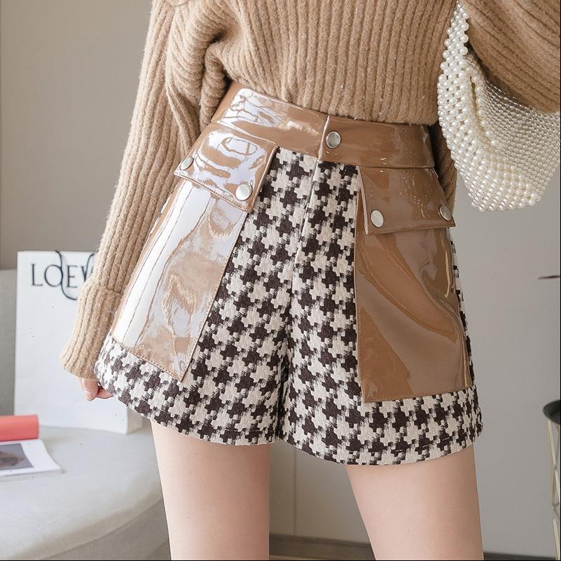 

women short autumn winter black pu faux leather and plaid wool womens shorts high waist wide leg elegant female trousers, White;black