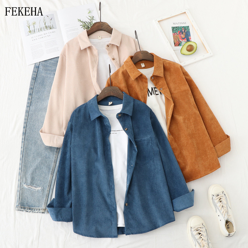 

Spring Shirts Women Corduroy Blouses Loose Long Sleeve Solid Lady Tops Casual Outwear Female Clothes Autumn Jacket, Yellow