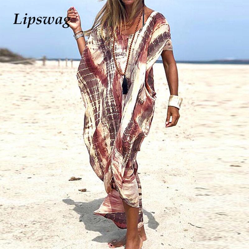 

women elegant short sleeve boho long dress casual o-neck irregular beach party dress fashion tie-dye loose summer dress vestidoshigh quality, Black;gray