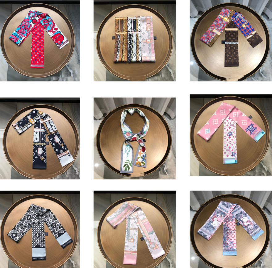 

19 Styles Retro Ladies Luxury Brand Designer Animal Letters Cartoon Print Headscarves Ladies High Quality Silk Scarves Ribbon Headdress Jewe, Silver