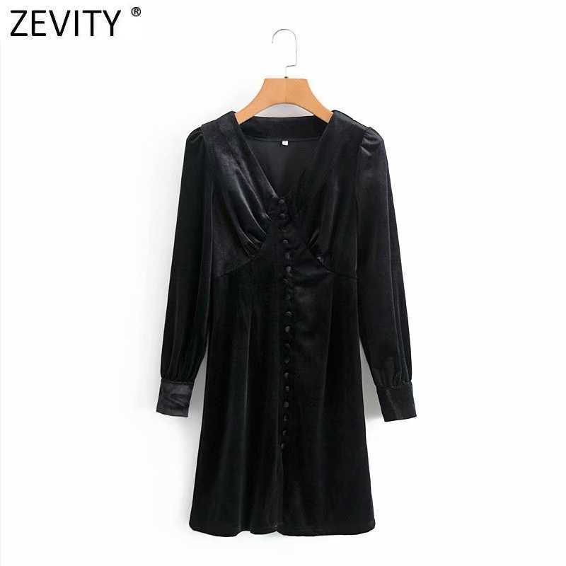 

Zevity Women Vintage V Neck Buckles Velvet Slim Mini Dress Lady Pleats Long Sleeve Side Zipper Chic Business Vestido DS4769 210603, As pic ds4769tdd