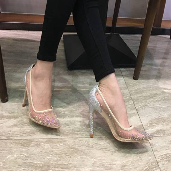 

2021 new spring summer Elegant styles women shoes Rhinestone high heels crystals pointed toe mesh Pumps woman red sole wedding shoes, Black