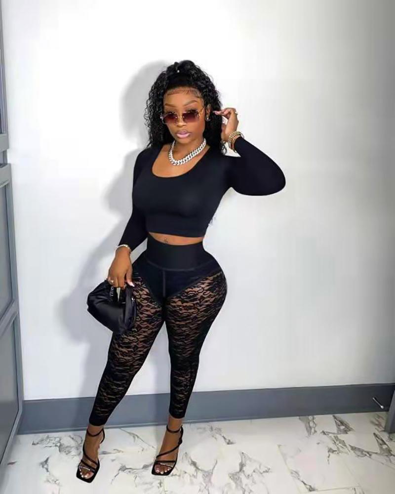 

Women's Two Piece Pants Oein 2022 Designer 2 Pcs Sets Lace Long Full Sleeve Solid Tight Set Bodycon Bandage Square Collar Casual Sports Woma, Black
