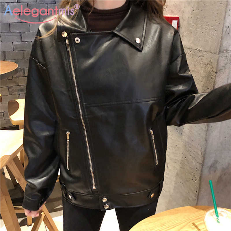 

Aelegantmis Casual Loose Faux Leather Jacket Women Soft Pu Moto Biker Basic Coats Black Oversized Outerwear Female Chic 210607