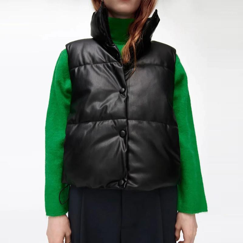 

Women's Vests 2021 Black Fur Leather Vest Jacket Women Wasitcoats Female Zipper Cotton Sleeveless PU Winter Outwear