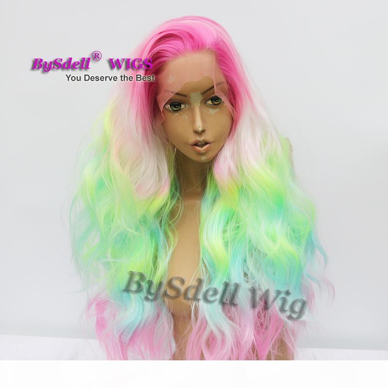 

Unicorn pastel hair pink yellow blue ombre hair Synthetic spring flower colorful rainbow hair Lace Front Wig beauty wigs for Woman, Black