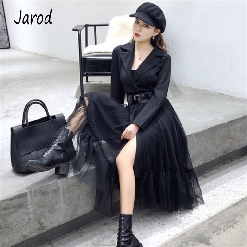 

Spring Autumn Sexy Mesh Patchwork Women Notched Neck Elegant Dresses Long Swing Vestido Belt high quality robe femme 210519, White long sleeve