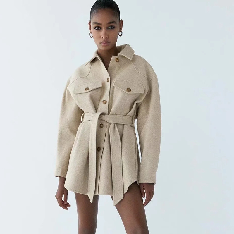 

Paris Girl Autumn Winter Women Chic Wool Coats with Belt Solid Long Sleeve Pockets Outerwear Turn Down Collar Elegant Coat 210524, Pink