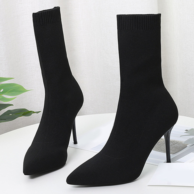 

dress shoes women knitted ankle boots pointed toe high heels ladies stiletto fashion pumps plus size autumn winter farbic footwear, Black