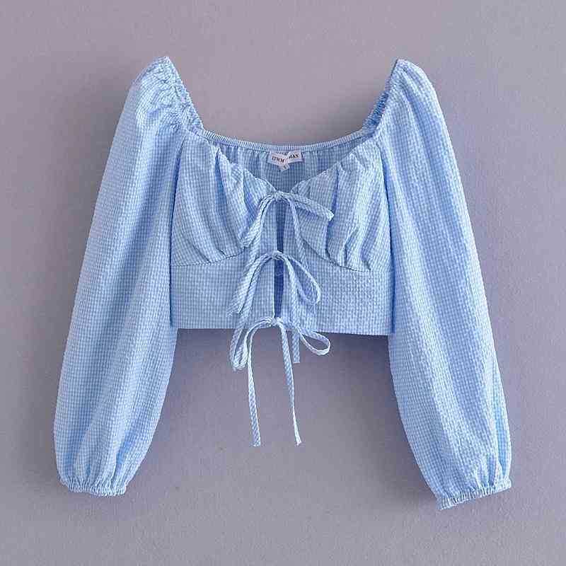 

Casual Square Collar Plaid Blouse Crop Top Lantern Sleeve Lace Up Bow Vintage Shirts 210603, Blue