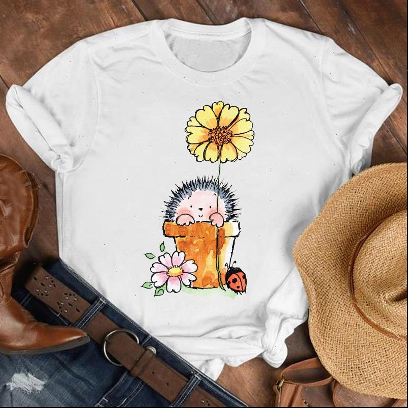 

women lady animal flower cute casual 90s style cartoon shirt clothes tee womens female print, White