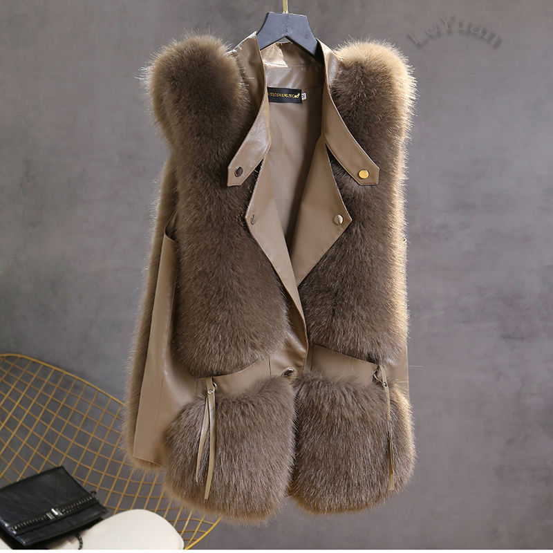 

High Quality Imitation Fox Fur Vest Jacket Women Fur Vest Jacket Winter Waistcoat Long Fur Vest Female Vestcoat Sleeveless, Black