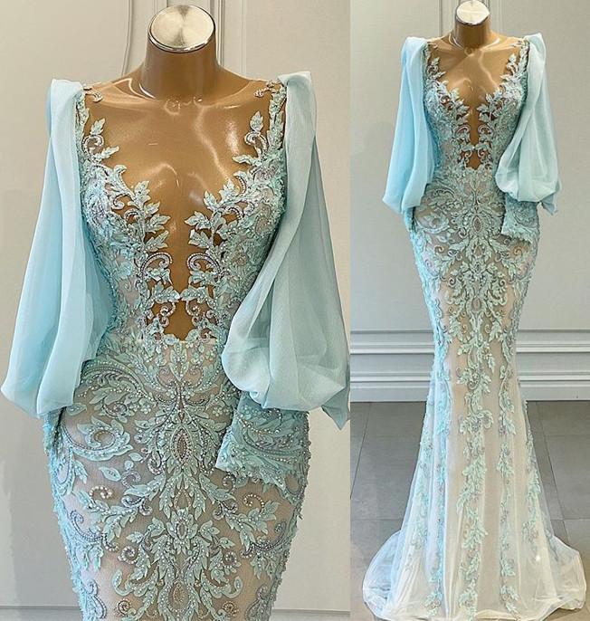 

Luxury Beading Evening Dresses with Long Poet Sleeves Lace Applique Mermaid Scoop Neck Illusion Top Custom Made Prom Party Gown vestidos, Silver