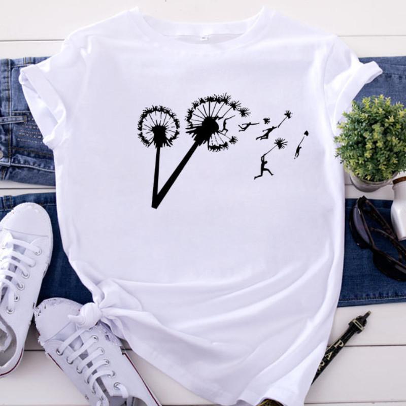 

Women' T-Shirt Summer Cartoon T Shirt Harajuku Dandelion Short Sleeve Women Casual Print Tops Tee Female Clothing Basic Shirts, White