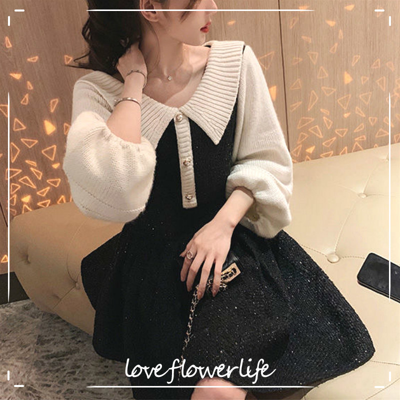 

Knitted Dress Women Sweet Button Long Sleeve Elegant Mini Sweater Dress Office Lady Vintage Dress Korean Winter 210521, Black