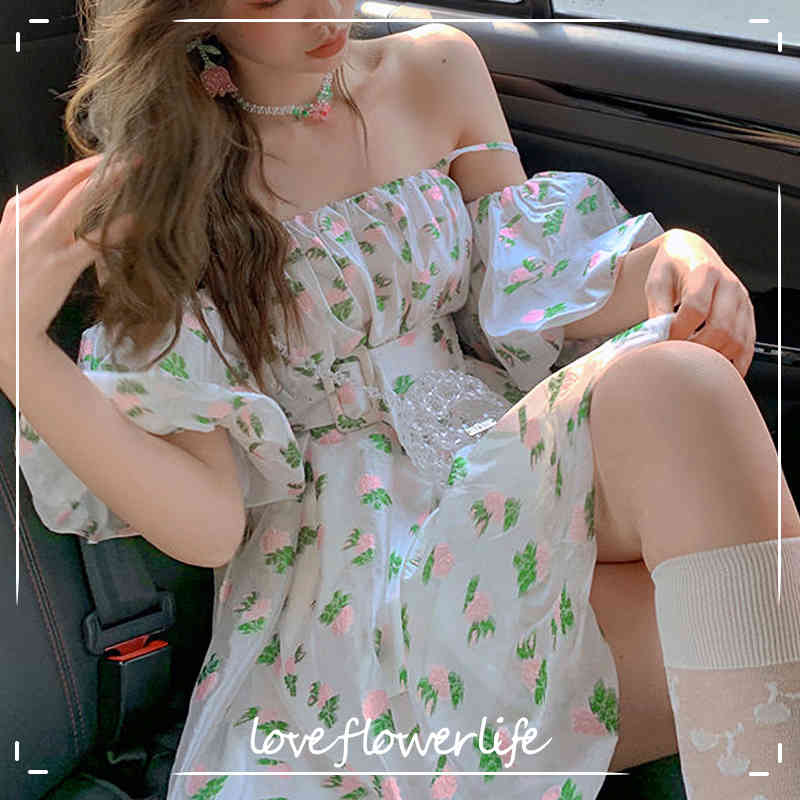 

Sweet Sexy Dress Women One Shoulder Kawaii Mini Dress Chiffon Party Beach for Females Dress Korean Summer Chic 210521, As picture