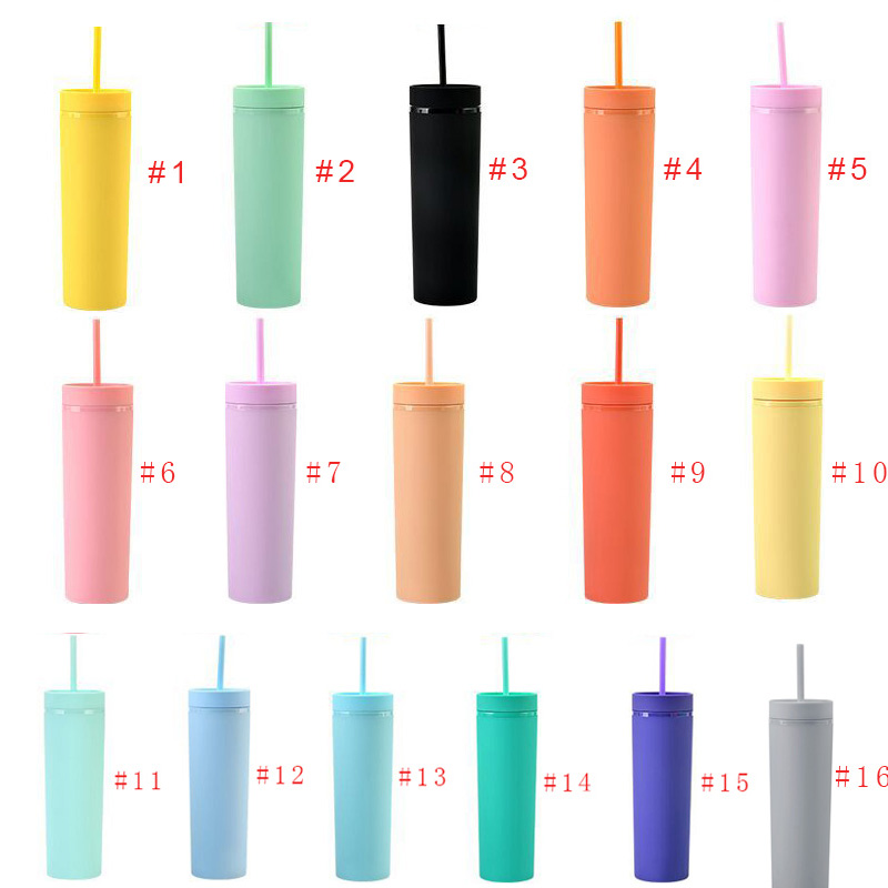 

16oz Acrylic Skinny Tumblers Matte Colors Double Wall 500ml Tumbler Coffee Drinking Plastic Sippy Cup With Lid Straws UPS, Remark colors