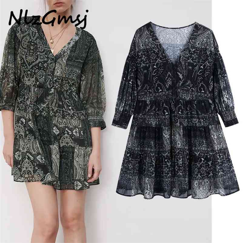 

Dres Fashion Laminated Decoration Print Mini Vintage Long Sleeve Female es Vestidos 210628, As picture