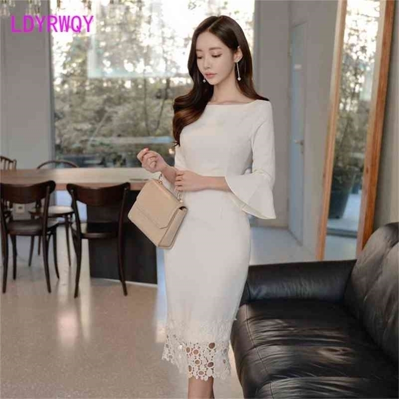 

LDYRWQY summer style Korean temperament round neck flared sleeve lace sexy fashion slim dress Office Lady 210603, White