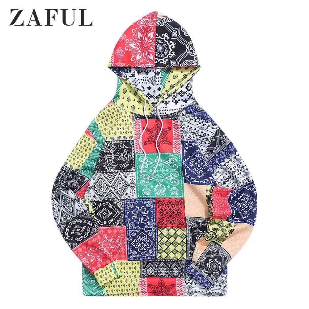 

Zaful Bandana Tribal Print Casual Kangaroo Pocket Men's Hoodies, Black