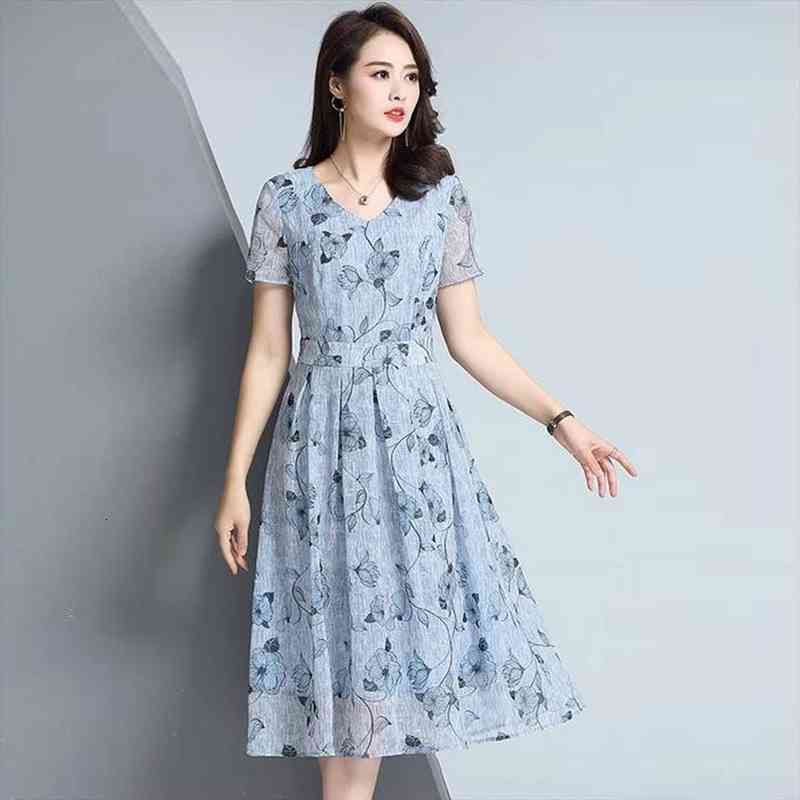 

women elegant a-line dress casual v neck short sleeve floral dresses office ladies summer work dress jurken p2, Black;gray