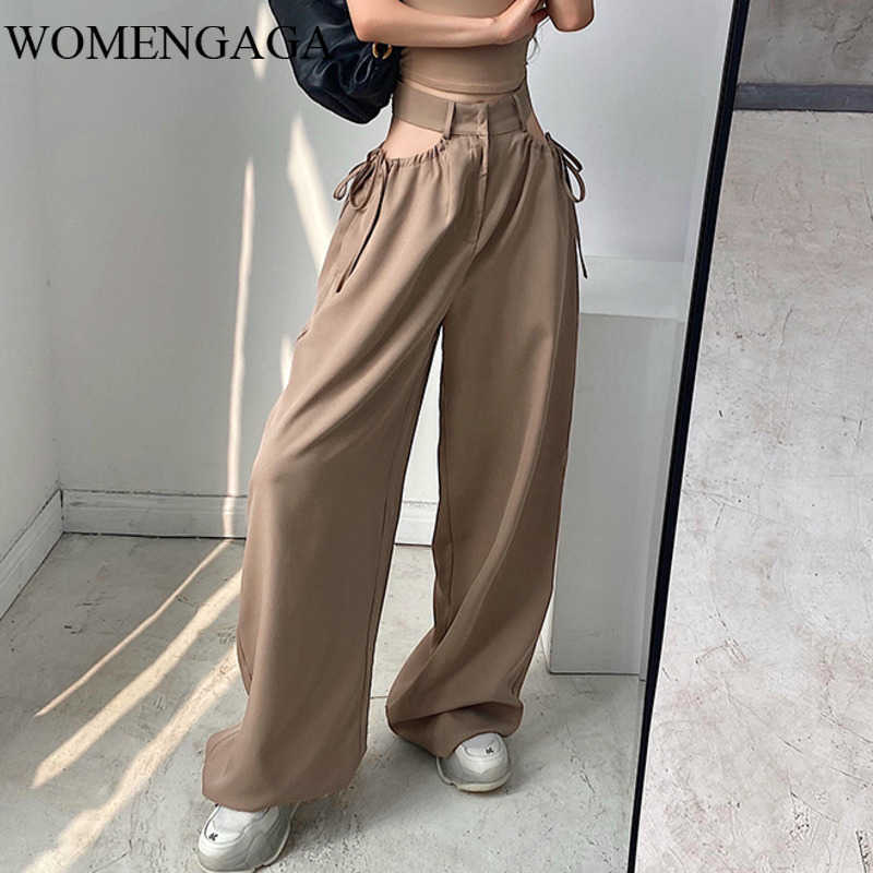 

WOMENGAGA High Waist Europe Style Drawstring Sexy Hollow Loose Slimming Casual Harem Pants Trendy V5RH 210603, Black